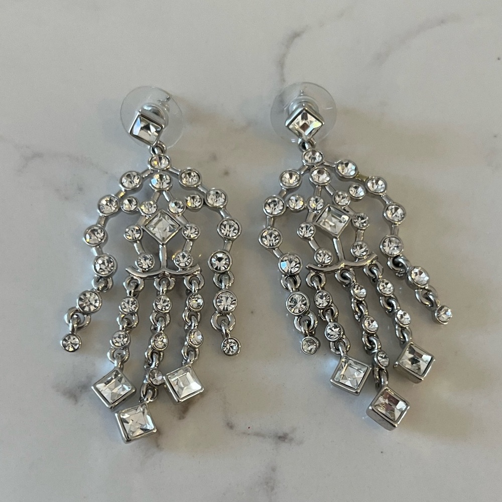 Crystal Chandelier Earrings, Statement Drop Dangle, Silver Tone